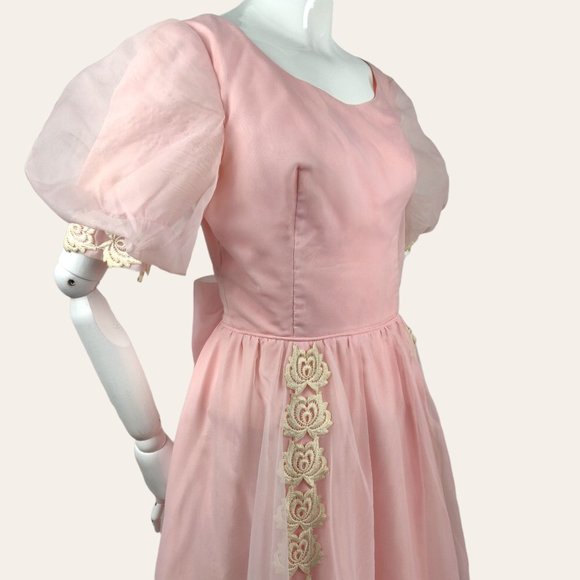 Vintage 1960s Sheer Pink Party Dress Prom Dress MOD MCM Puff Sleeves Lace Prince - Picture 6 of 14